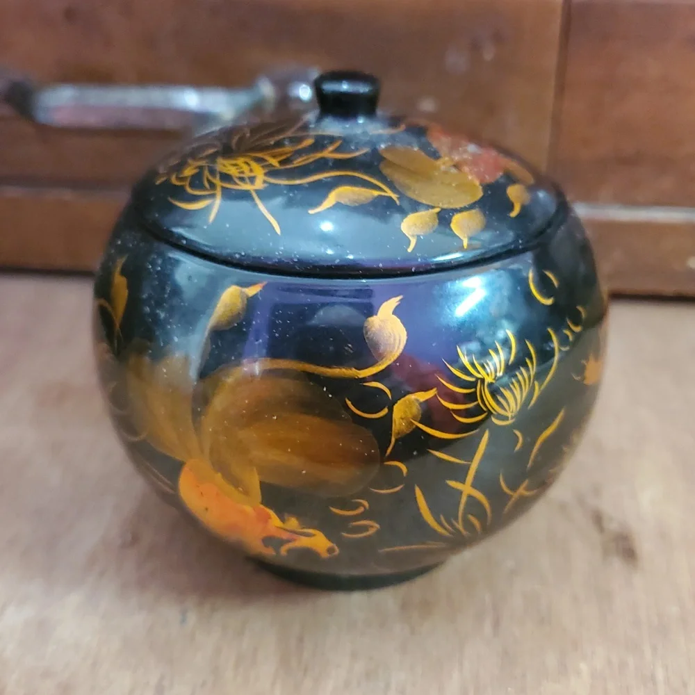 Black Lacquer Ware Wood Hand Painted Koi Fish Round Trinket/Jewelry Lidded Box